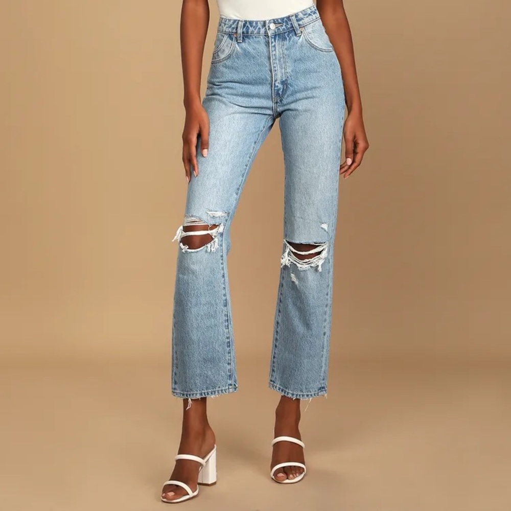 Rollas Original Straight Light Wash High Rise Distressed Denim Jeans